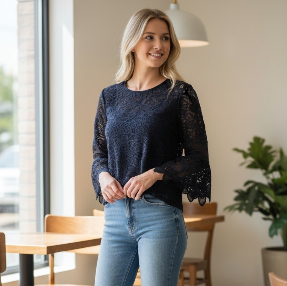 Gianni Bini Navy Lace Blouse with Scalloped Bell Sleeves